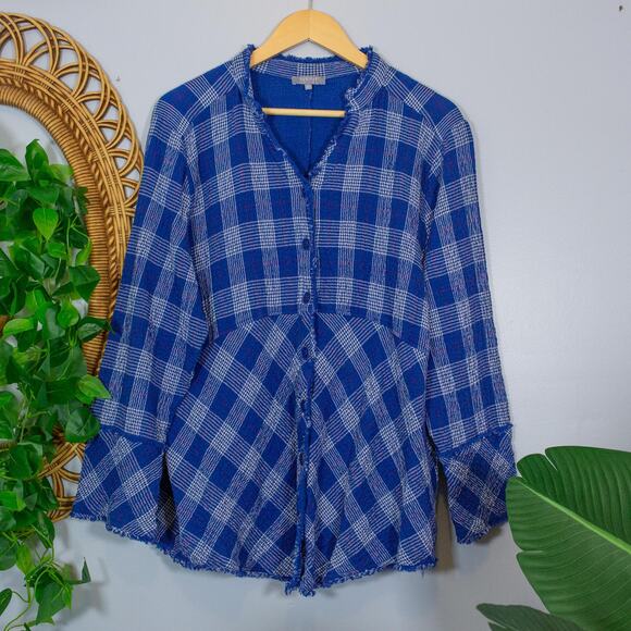 Lagenlook Blue Plaid Frayed Edge Button Top L Habitat Cotton Shirt | Soft Summer - Picture 1 of 13